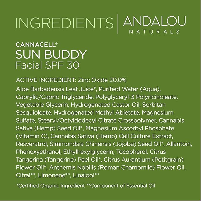 Andalou Naturals Face Sunscreen, CannaCell Sun Buddy SPF 30 with Hemp Stem Cells, Moisturizing Facial Lotion, Broad Spectrum Protection with Non-Nano Zinc Oxide, Reef Safe Sunscreen, 2.7 Fl Oz-GlimoraGlow