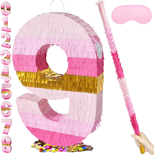 PCFING 20 Inch Number 9 Piñata Pink Gold with 30 Inch Piñata Stick Blindfold Confetti for Boys Girls Adults Birthday Party Decorations, Anniversary Celebration, Fiesta
