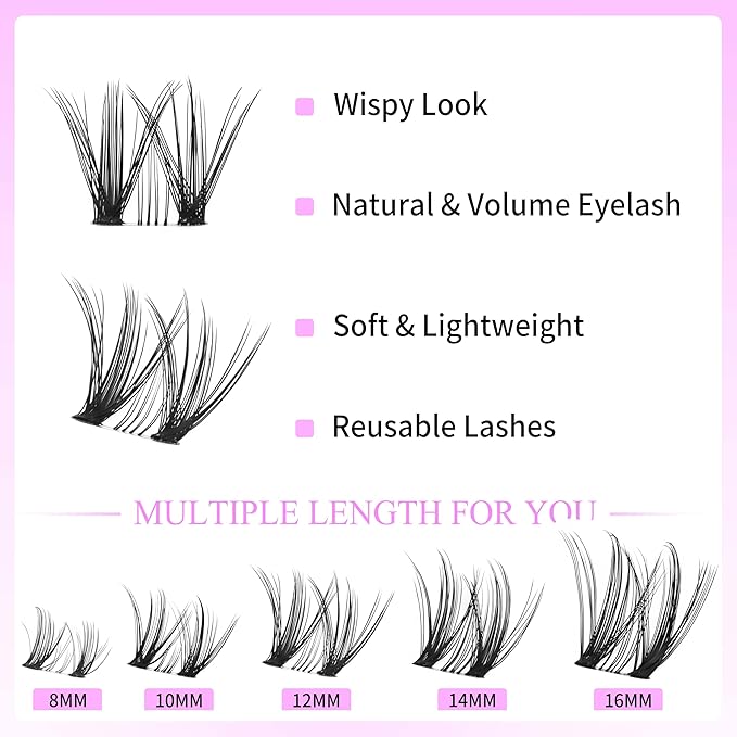 VEYESBEAUTY Lash Clusters Eyelash Extensions Thin & Invisible Band DIY Individual False Eyelashes Newbie's Five-Second Series Wispy Lash Tray for Self-application, Whisper Lashes 8-16mm Mixed Length-GlimoraGlow