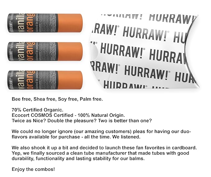 Hurraw! Vanilla & Orange Lip Balm, 3 Pack: Plastic-Free with new cardboard push-up tube. Certified Organic, All Natural Origin, Vegan & Cruelty Free. Gluten, Bee, Shea, Soy & Palm Free. Made in USA-GlimoraGlow