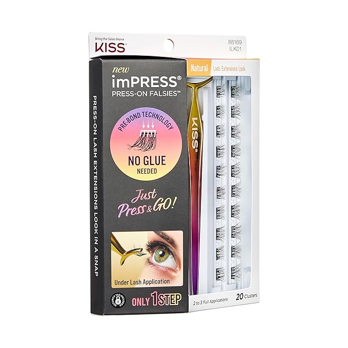 KISS imPRESS Falsies Press On Self Adhesive Eyelashes, 12mm-14mm Natural Volume Press On Lashes, Black, No Glue Needed, Invisible Band, 20 Lash Clusters & Non-Stick Applicator - Natural-GlimoraGlow