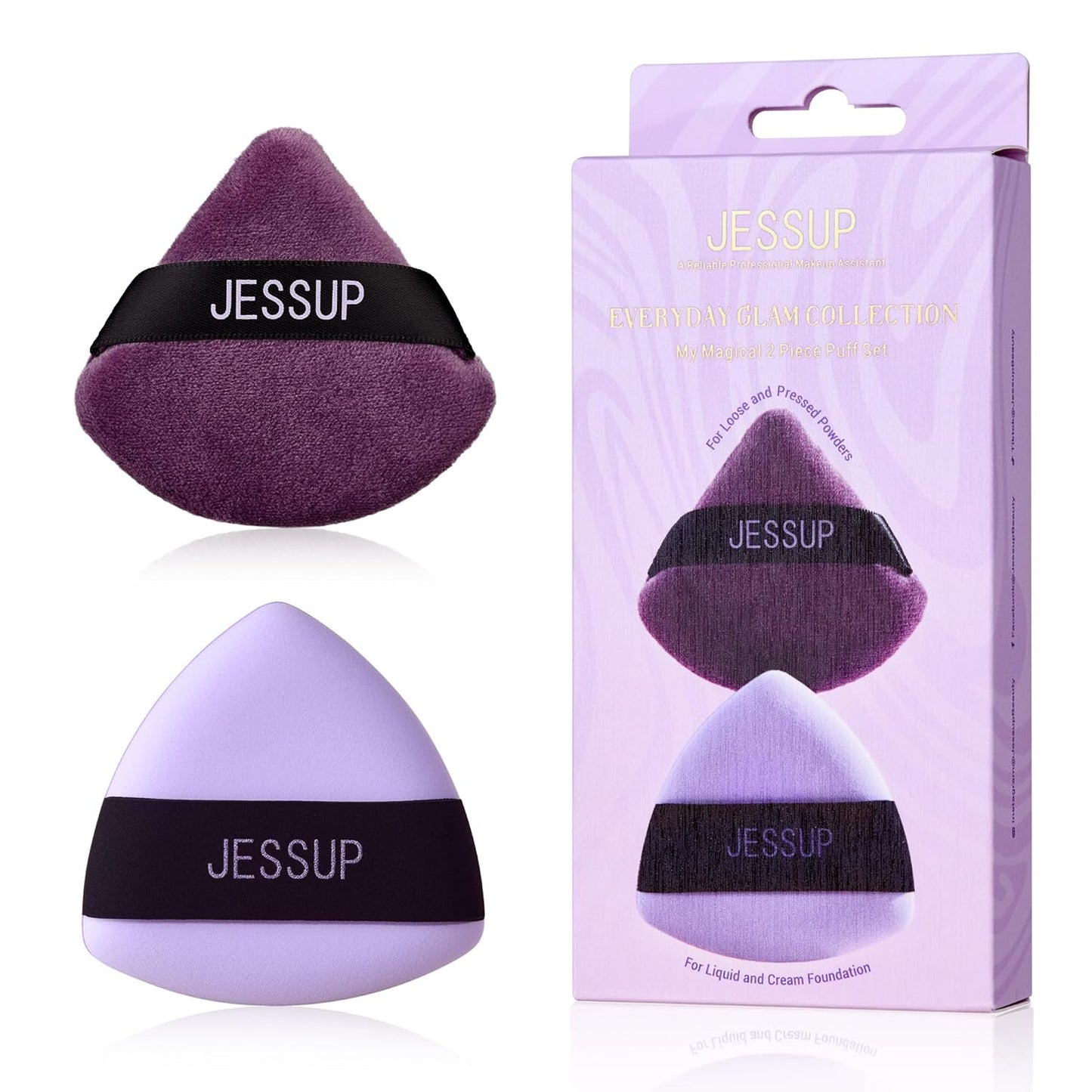 Jessup Powder Puff, 2pcs Triangle Powder Puff Soft for Foundation Setting and Baking, Reusable, Washable, Purple SP018-GlimoraGlow