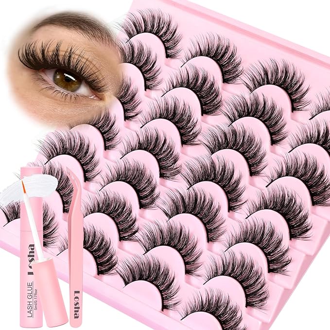 Losha Lashes Wispy False Eyelashes Natural Cat Eye Lashes Kit with Lash Glue and Lash Tweezers 14 Pairs Short Fake Eyelashes Soft Thin Faux Mink Lashes Pack (Lighter)-GlimoraGlow