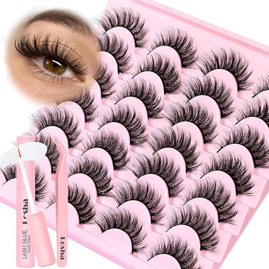 Losha Lashes Wispy False Eyelashes Natural Cat Eye Lashes Kit with Lash Glue and Lash Tweezers 14 Pairs Short Fake Eyelashes Soft Thin Faux Mink Lashes Pack (Lighter)-GlimoraGlow