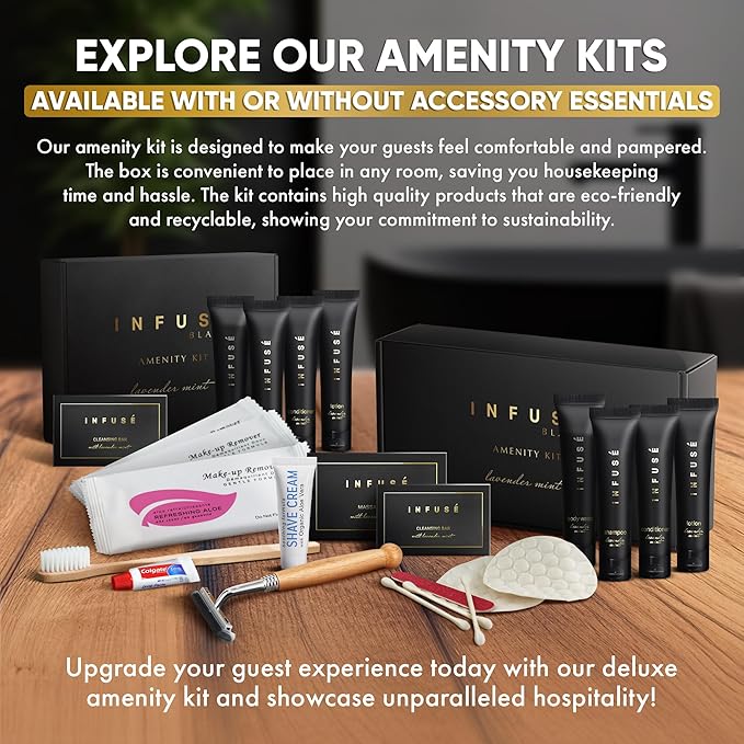 Infuse Black Amenity Kit | Boxed Hotel Toiletries | Bulk Set 1 oz Travel Size Shampoo, Conditioner, Lotion, Body Wash & Cleansing Bar for Guest Hospitality AirBnB/Vacation Rentals | 75 Pieces-GlimoraGlow