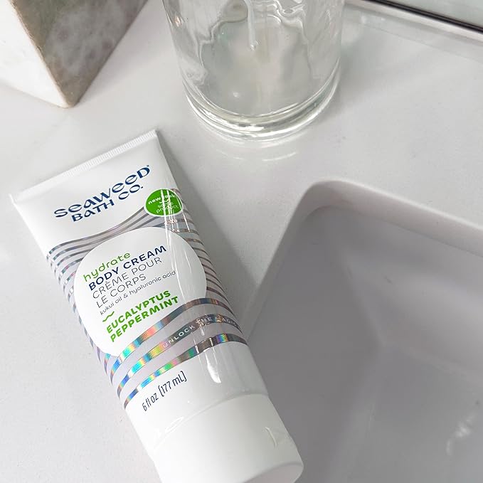 Seaweed Bath Co. Hydrate Body Cream, Eucalyptus Peppermint Scent, 6 Ounce, Nourishing Hand & Body Lotion Moisturizer for Dry Skin, with Sustainably Harvested Seaweed, Kukui Oil, Hyaluronic Acid-GlimoraGlow