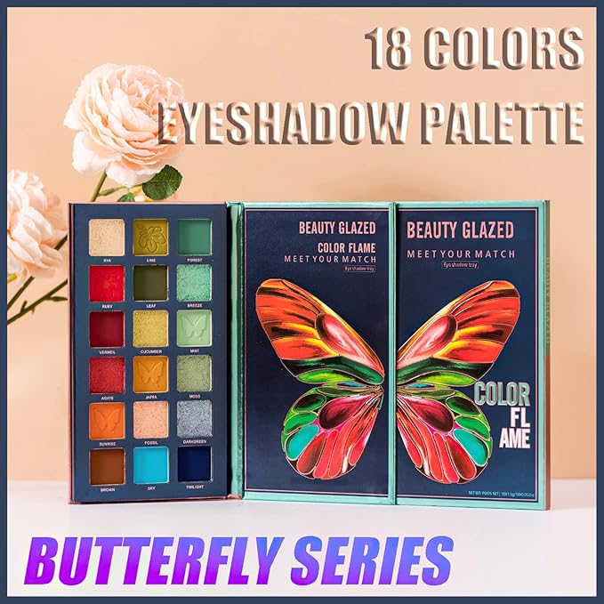18 Colors Eyeshadow Palette, Butterfly Series Highly Pigmented Eye Makeup Palette, Matte Shimmer Metallic Powder Eyeshadow Pallet, Makeup Palette Cosmetics Gift, 111-GlimoraGlow