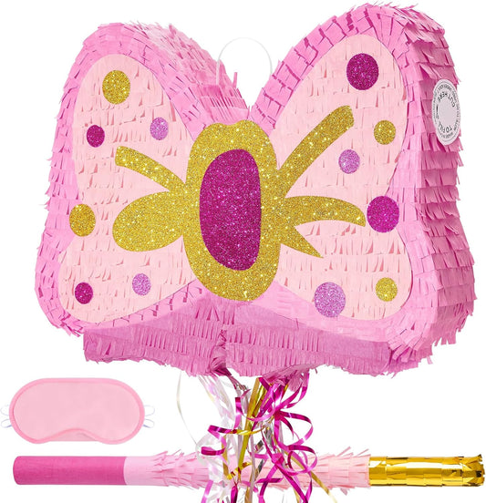 WERNNSAI Pink Bow Piñata - Girls Birthday Party Decoration Bow Tie Piñata with Blindfold and Bat for Kids Princess Theme Party Supplies favors