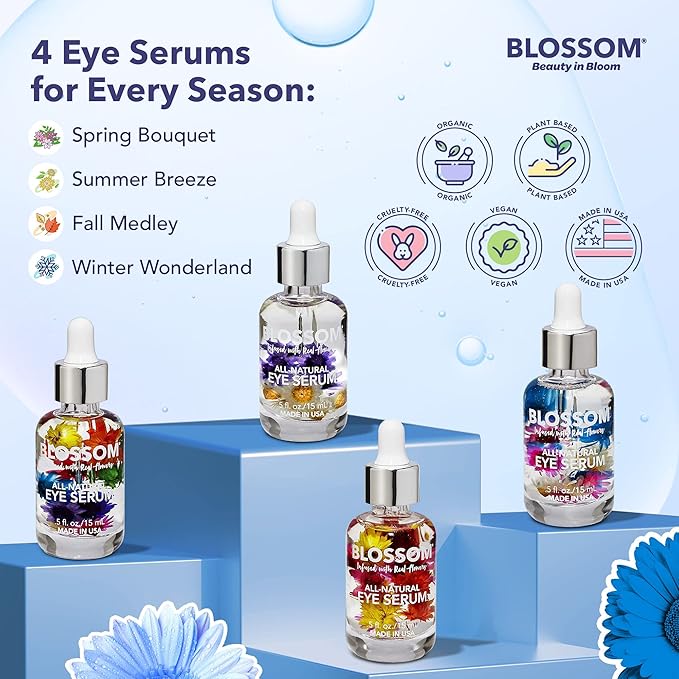 Blossom All Natural Organic Cruelty Free Moisturizing Eye Serum with Essential Oils, Infused with Real Flowers, Made in USA, 0.5 fl. oz./15ml, Winter Wonderland-GlimoraGlow