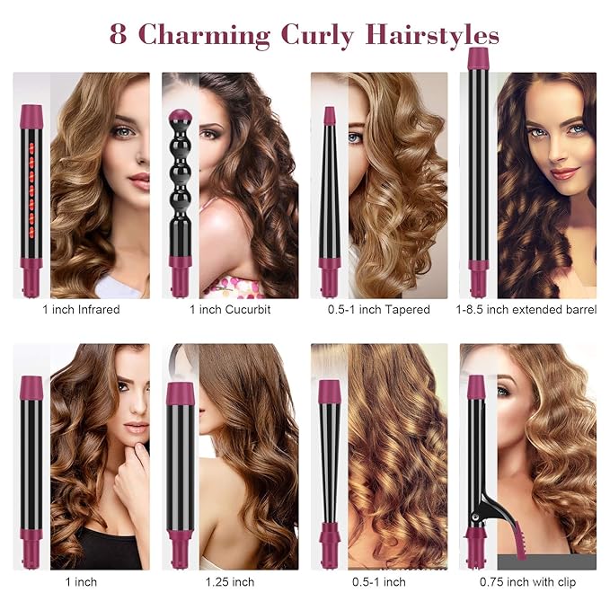 IG INGLAM Curling Iron Wand Set, 8 in-1 Interchangeable Ceramic Barrels with Infrared, Cucurbit, Tapered, Extended, 1in, 1 1/4 in, 3/4in Barrels and Clips-GlimoraGlow