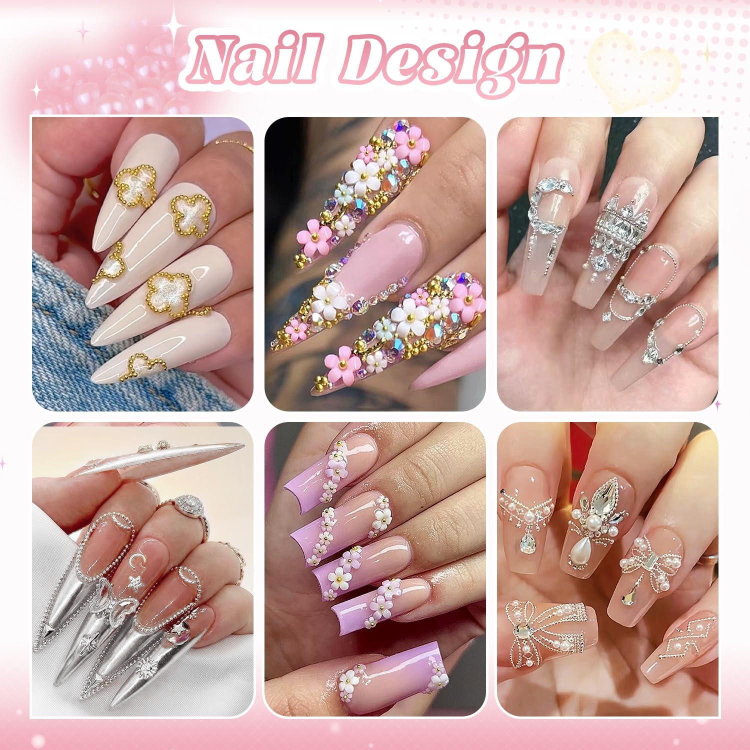 2 Boxes Metal Nail Beads (Silver+Gold) and 3D Flowers and Glass Rhinestones (Clear) for Art, Half Flatback Pearls (White) Crystals Pearl Nail Charms and Round Caviar Beads for Manicure Decor-GlimoraGlow