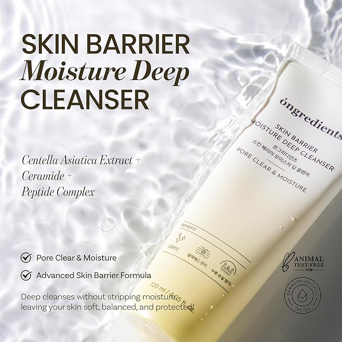 ONGREDIENTS Skin Barrier Moisture Deep Cleanser | Daily Face Wash for All Types | Centella, Peptide, AHA, LHA, Hydrating, Soothing, Pore Tightening | Vegan, Korean Skin Care 4.06 fl Oz-GlimoraGlow