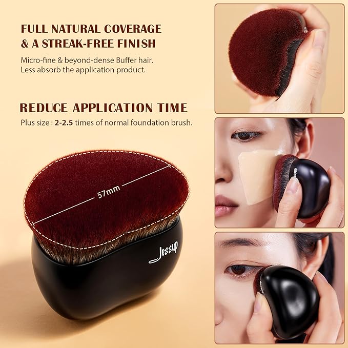 Jessup Foundation Brush with Makeup Sponge, Black Makeup Brush Flat Top Kabuki Brush for Liquid Blending Stippling, T881-GlimoraGlow