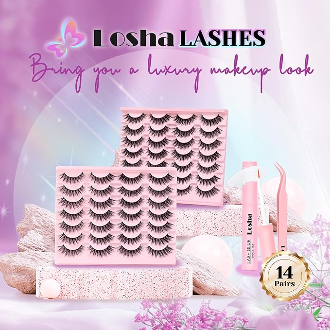 Losha Lashes Wispy False Eyelashes Natural Cat Eye Lashes Kit with Lash Glue and Lash Tweezers 14 Pairs Short Fake Eyelashes Soft Thin Faux Mink Lashes Pack (Lighter)-GlimoraGlow