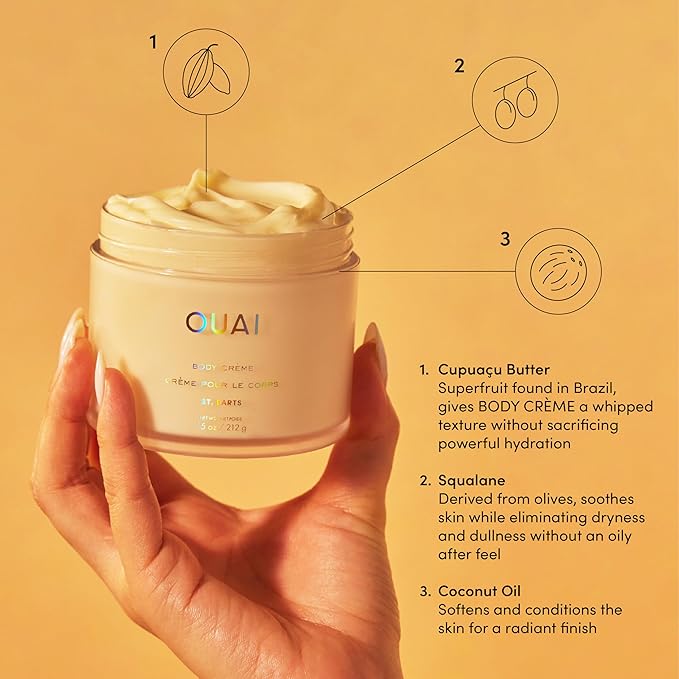 OUAI Body Cream, St. Barts - Hydrating Whipped Body Cream with Cupuaçu Butter, Coconut Oil and Squalane - Softens Skin and Delivers Healthy-Looking Glow - Sulfate-Free Skin Care (7.5 Oz)-GlimoraGlow