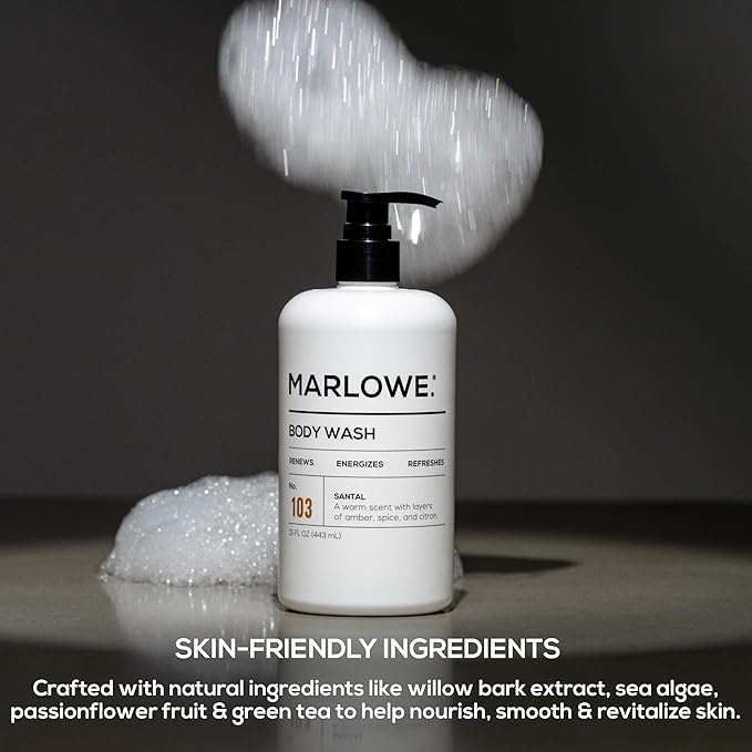 MARLOWE. No. 103 Body Wash 15 oz Pump, Santal, Energizing & Refreshing Shower Gel, Willow Bark & Green Tea Extracts, Cleanses, Moisturizes, Smooths & Nourishes, Warm Amber, Spice & Citron Scent-GlimoraGlow