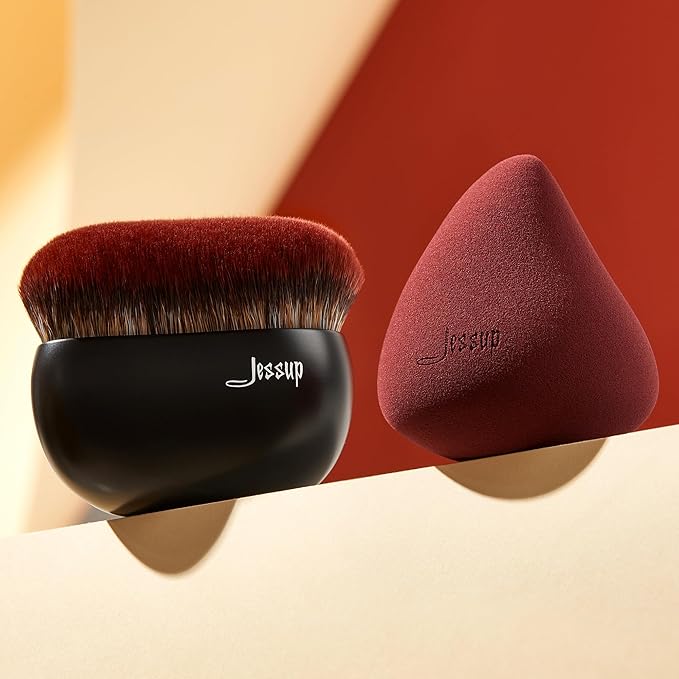 Jessup Foundation Brush with Makeup Sponge, Black Makeup Brush Flat Top Kabuki Brush for Liquid Blending Stippling, T881-GlimoraGlow