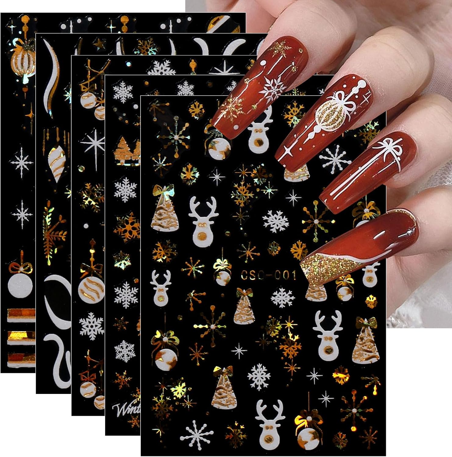 JMEOWIO 8 Sheets Christmas White Glitter Gold Nail Art Stickers Decals Self-Adhesive Snowflake Winter Holiday Nail Supplies Nail Art Design Decoration Accessories-GlimoraGlow