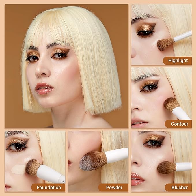 Jessup Makeup Brush Set 5Pcs Face Makeup Brushes Vegan Soft Foundation Brush Blush Brush Bronzer Contour Brush Highlighter Brush Fluffy Setting Powder Brush, Light Grey T493-GlimoraGlow