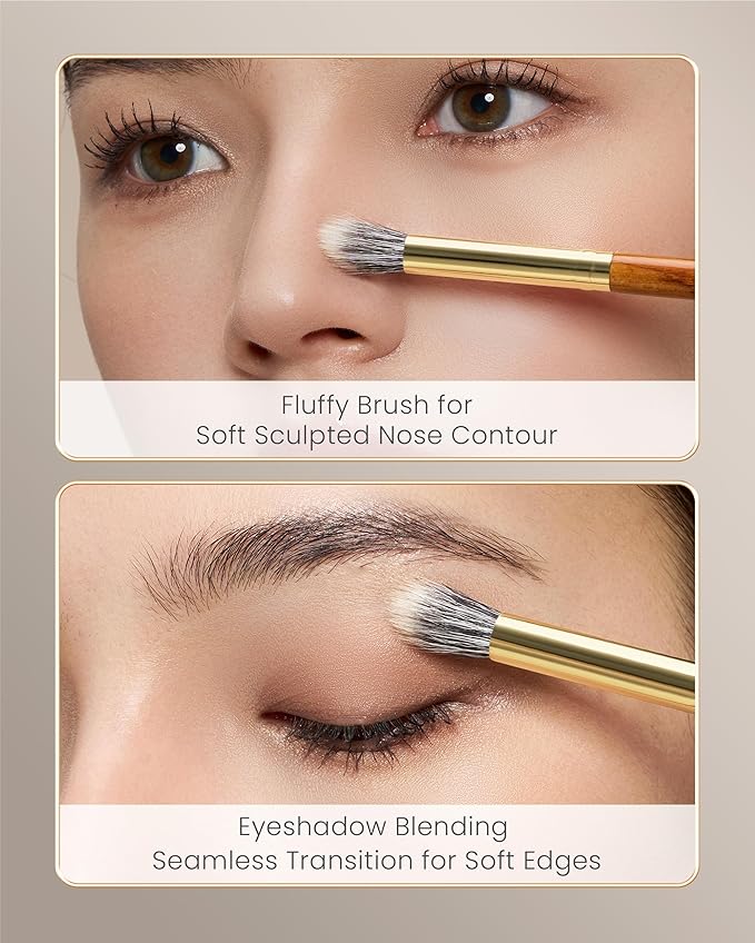 Desert Oak Series Stippling Brush - Dual-Length White & Gray LambsGoat Hair Bristles, Sloped Edge for Cream/Powder Perfection, Ebana Handle & Brass Ferrule (CM 168)-GlimoraGlow