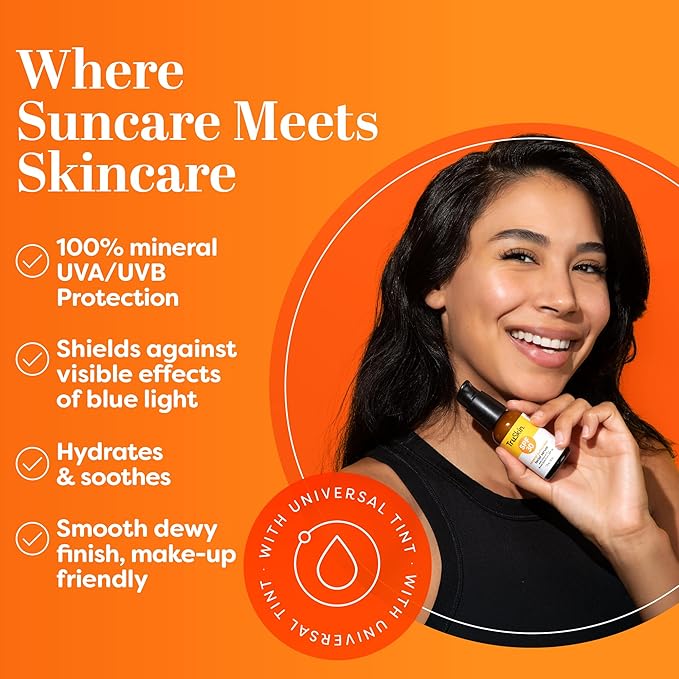 TruSkin Sunscreen Serum for Face – SPF 30 Universal Tinted Mineral Sunscreen Face Serum – Lightweight Transparent Finish – Zinc Oxide, Vitamin C, Hyaluronic Acid, Ceramides, All Skin Types, 1 fl oz-GlimoraGlow