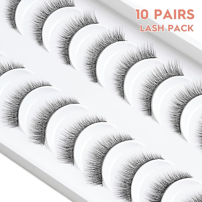 Natural Lashes 7MM Extra Short Eyelashes Natural Cat Eye Lashes 10 Pair False Eyelashes Wispy Eye Lashes Pack C Curl Strip Lashes 3D Volume Short Lashes Siligli Eyelashes-GlimoraGlow