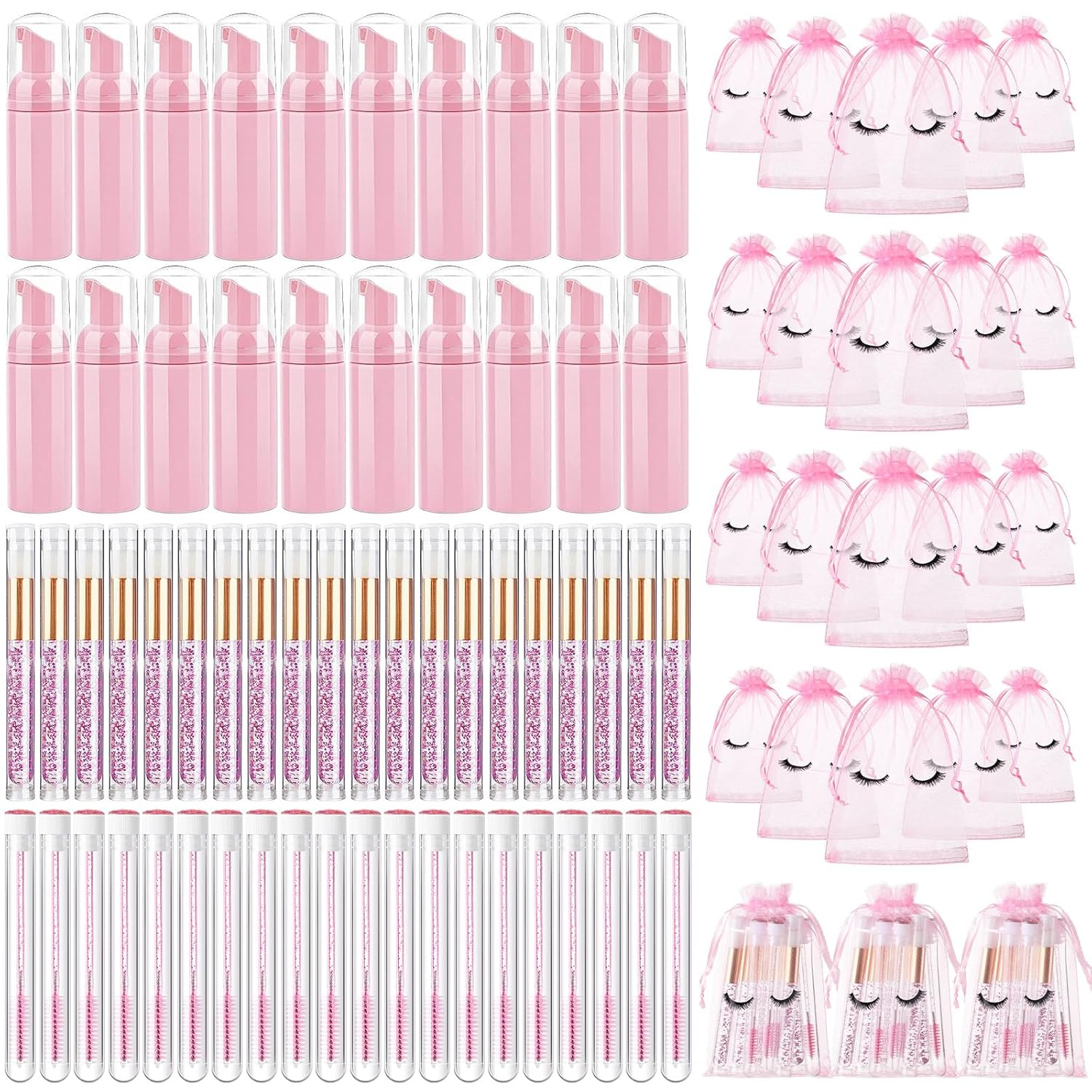 Zhehao 80 Pcs Lash Shampoo Bottle Brushes Kit 20 Foam Pump Dispensers 20 Lash Shampoo Brushes 20 Eyelash Aftercare Bag 20 Cleaning Pipes, Eyelash Extension Supplies(Pink)-GlimoraGlow