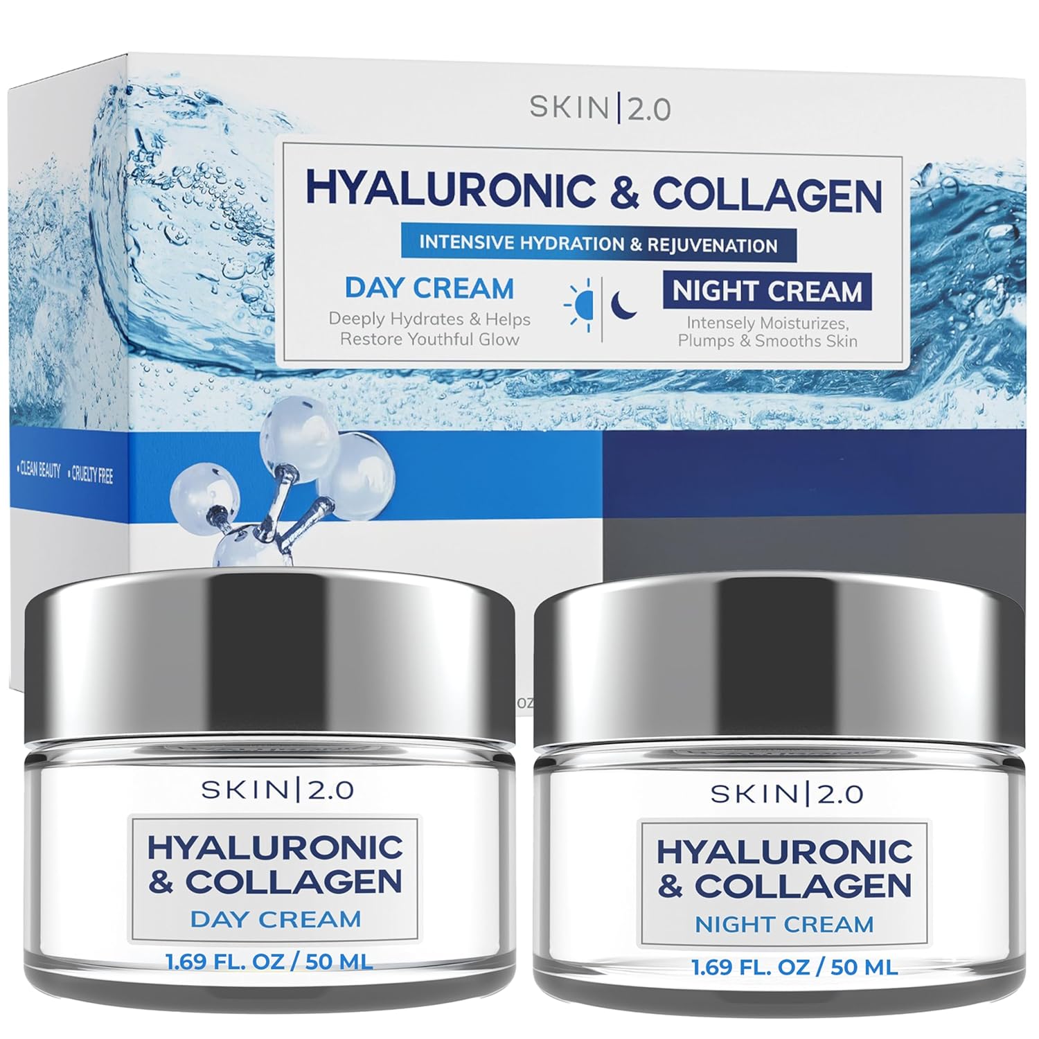 Hyaluronic Acid & Collagen Day & Night Face Moisturizer - Dermatologist Tested, Hydrating, Anti-Aging, Clean Beauty, Cruelty-Free, Korean Skincare for All Skin Types - 1.69 Fl oz (2-Pack)-GlimoraGlow
