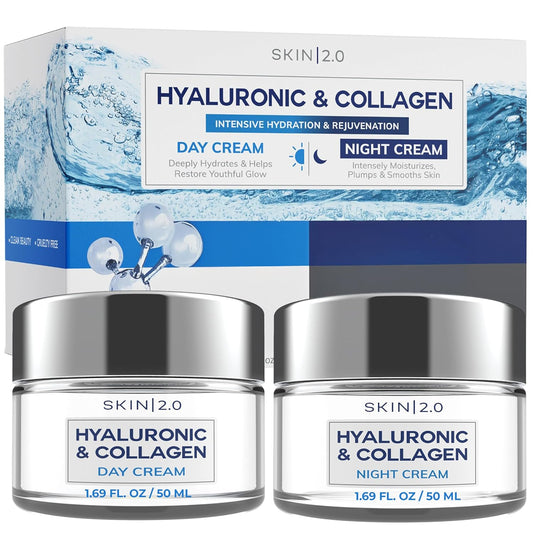 Hyaluronic Acid & Collagen Day & Night Face Moisturizer - Dermatologist Tested, Hydrating, Anti-Aging, Clean Beauty, Cruelty-Free, Korean Skincare for All Skin Types - 1.69 Fl oz (2-Pack)-GlimoraGlow