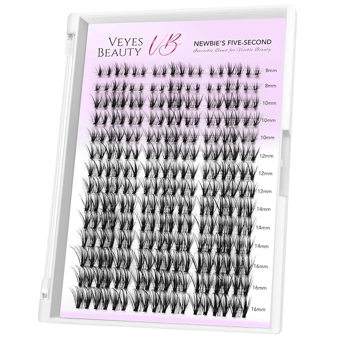 VEYESBEAUTY Lash Clusters Eyelash Extensions Thin & Invisible Band DIY Individual False Eyelashes Newbie's Five-Second Series Wispy Lash Tray for Self-application, Whisper Lashes 8-16mm Mixed Length-GlimoraGlow