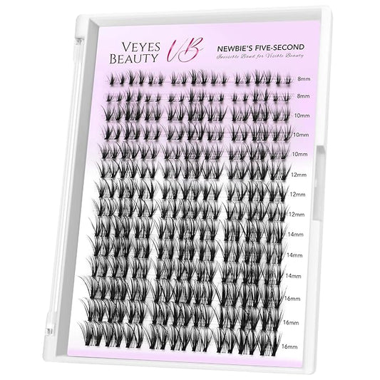 VEYESBEAUTY Lash Clusters Eyelash Extensions Thin & Invisible Band DIY Individual False Eyelashes Newbie's Five-Second Series Wispy Lash Tray for Self-application, Whisper Lashes 8-16mm Mixed Length-GlimoraGlow