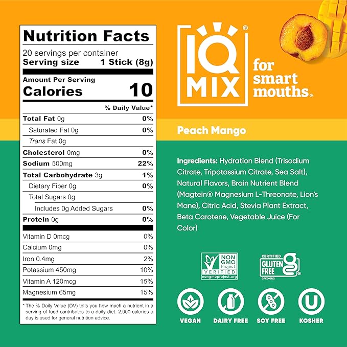 IQMIX Hydration Electrolyte Powder – 4-in-1 Formula for Hydration, Mental Clarity, Mood and Recovery – Sugar-Free Drink Mix, Keto, Magnesium L-Threonate, Lion’s Mane – 20 Count Peach Mango-GlimoraGlow