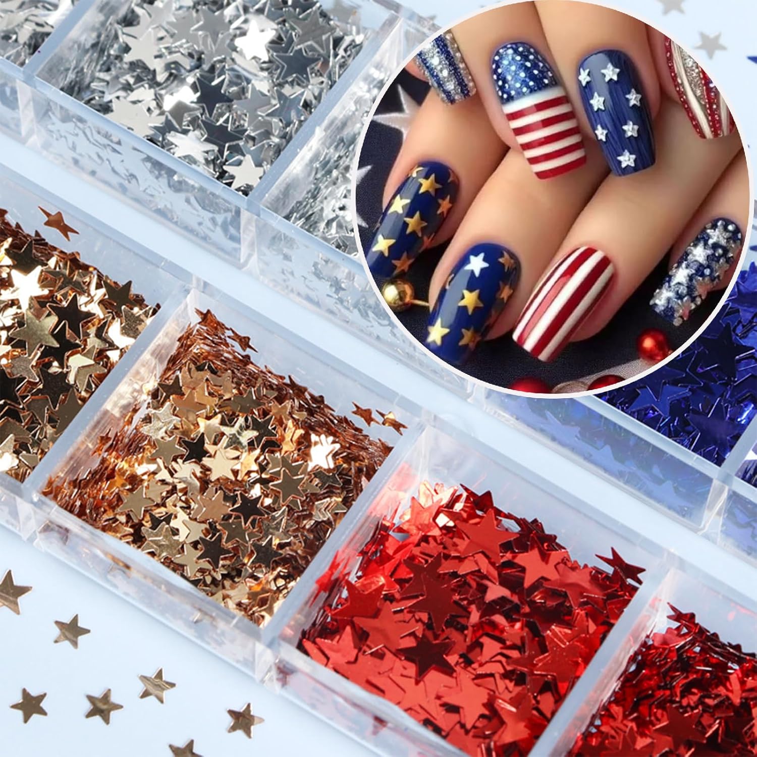12 Grids Independence Day Nail Sequins，3D Holographic Nails Glitter Laser Star Nail Shining Flakes for Fourth of July Five-Pointed Star Mixed Sequins for America Patriotic Face Makeup Nail Decoration-GlimoraGlow