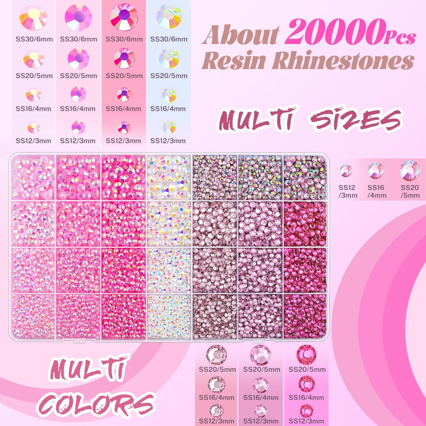 20000Pcs Pink Rhinestones for Bedazzling with 1Pcs B7000 Jewelry Glue, Resin Rhinestones for Crafting Crafts DIY, Bedazzler Kit Gems for Clothing Shoes Tumblers Nail Art Assorted Size 3/4/5/6mm-GlimoraGlow