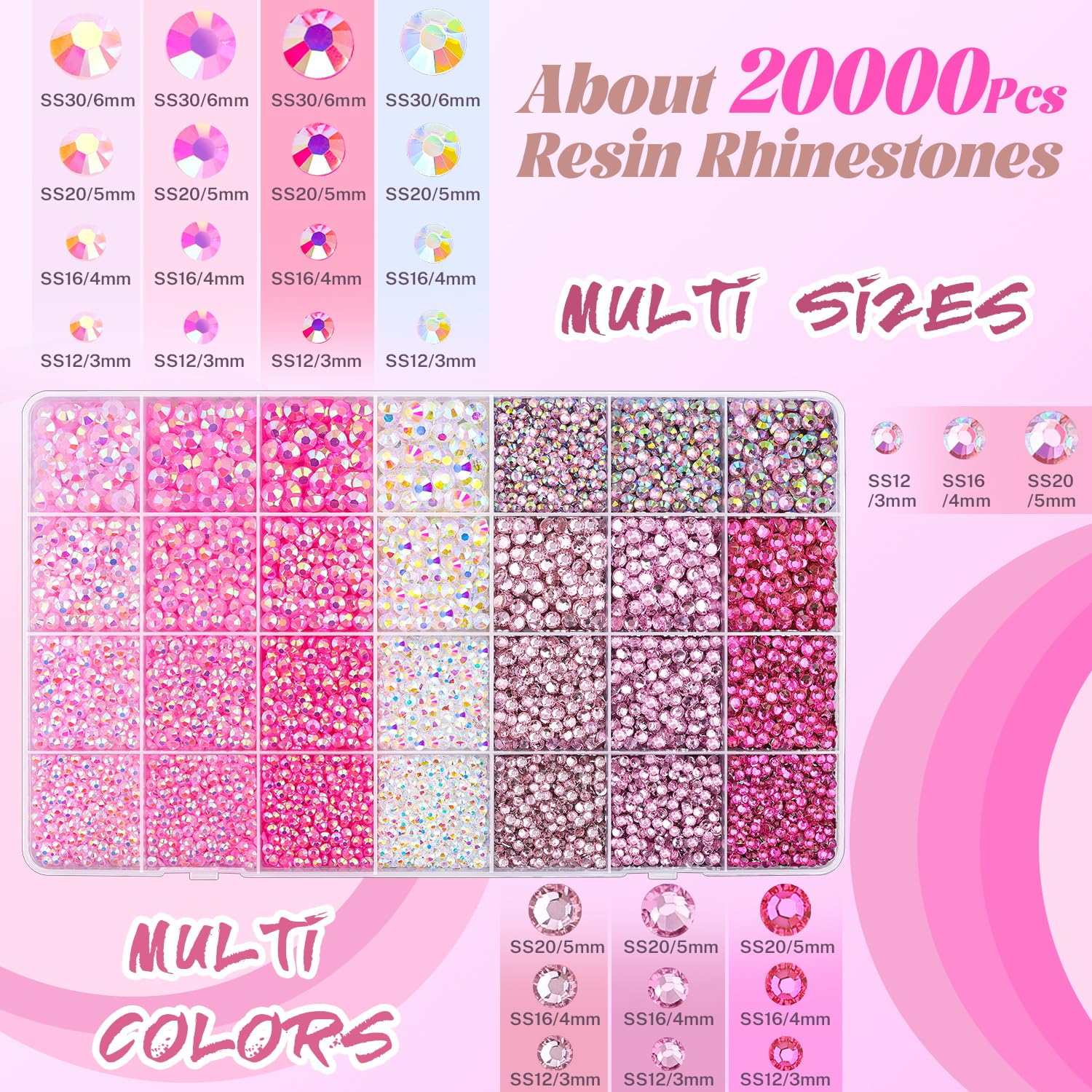 20000Pcs Pink Rhinestones for Bedazzling with 1Pcs B7000 Jewelry Glue, Resin Rhinestones for Crafting Crafts DIY, Bedazzler Kit Gems for Clothing Shoes Tumblers Nail Art Assorted Size 3/4/5/6mm-GlimoraGlow