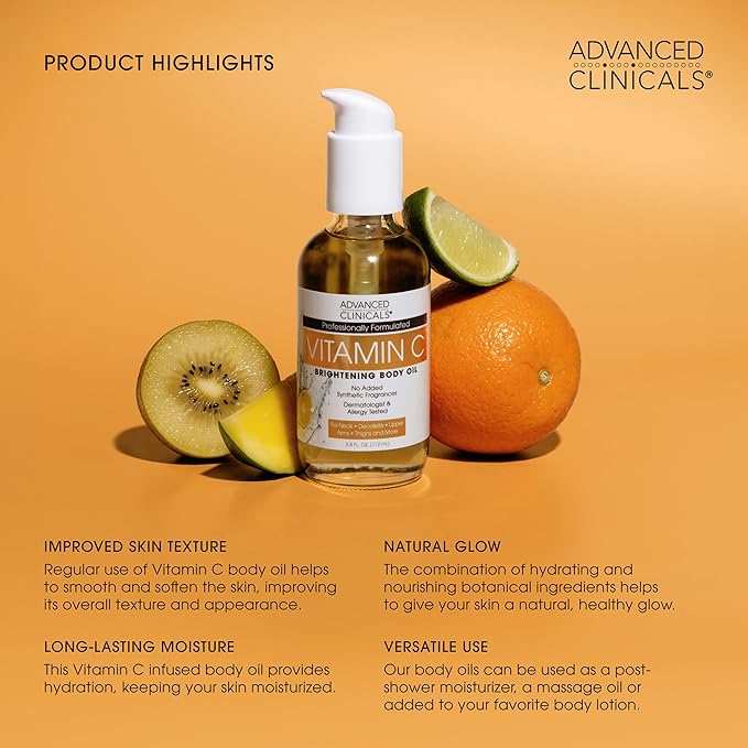 Advanced Clinicals Collagen Body Oil + Vitamin C Brightening Body Oil Moisturizer 2pc Skincare Set - Nourishing, Brightening, & Firming Massage Oil To Improve Look Of Crepe Skin + Dark Spots, 2PC Set-GlimoraGlow