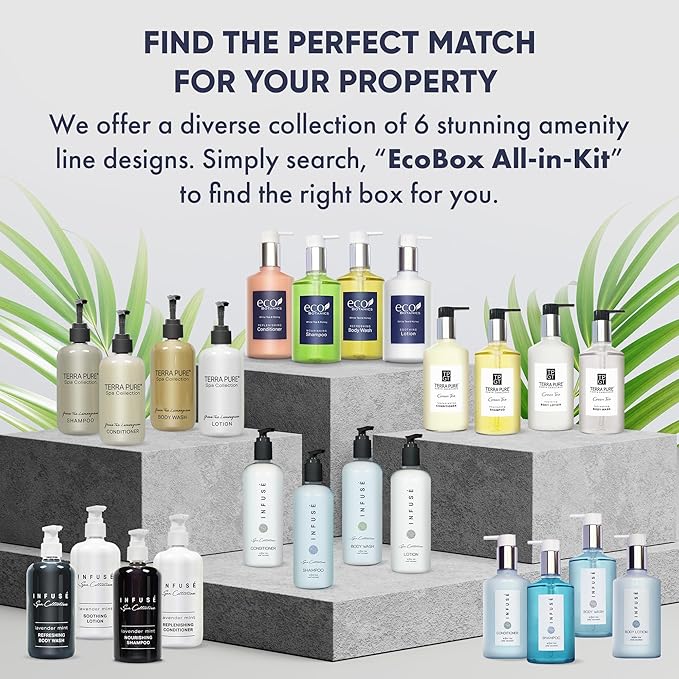 1-Shoppe Infuse 40 Piece Ecobox All-In-Kit | White Tea and Coconut Soap | 12 Shampoo, 8 Conditioner, 12 Body Wash & 8 Lotion | 10oz Hotel Soaps and Toiletries Bulk | Personal Care Products-GlimoraGlow