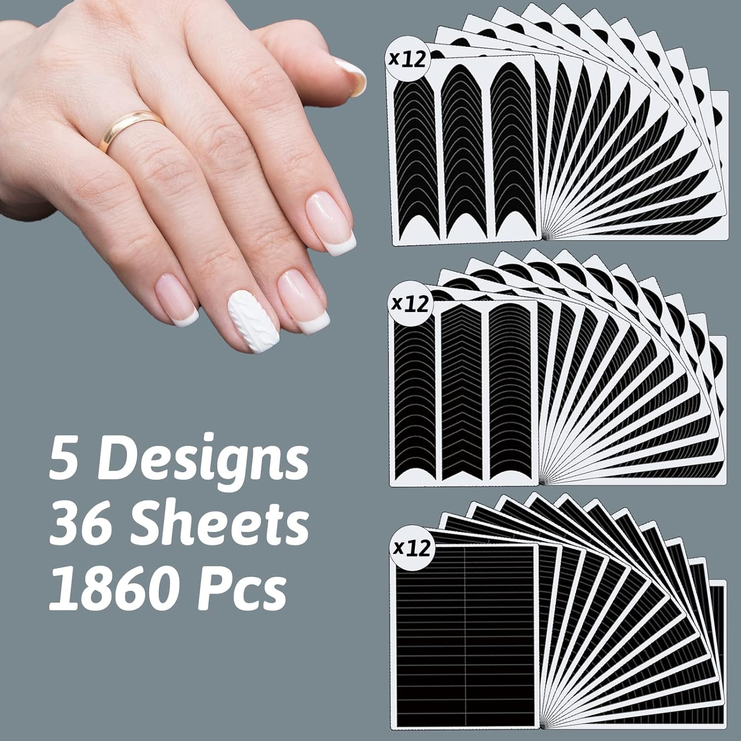 1860 Pcs French Tip Nail Guides, Self-Adhesive French V-Shaped Moon Shaped Manicure Strip Stickers for Edge Auxiliary Black DIY Decoration Stencil Tools(5 Designs, 36 Sheets)-GlimoraGlow