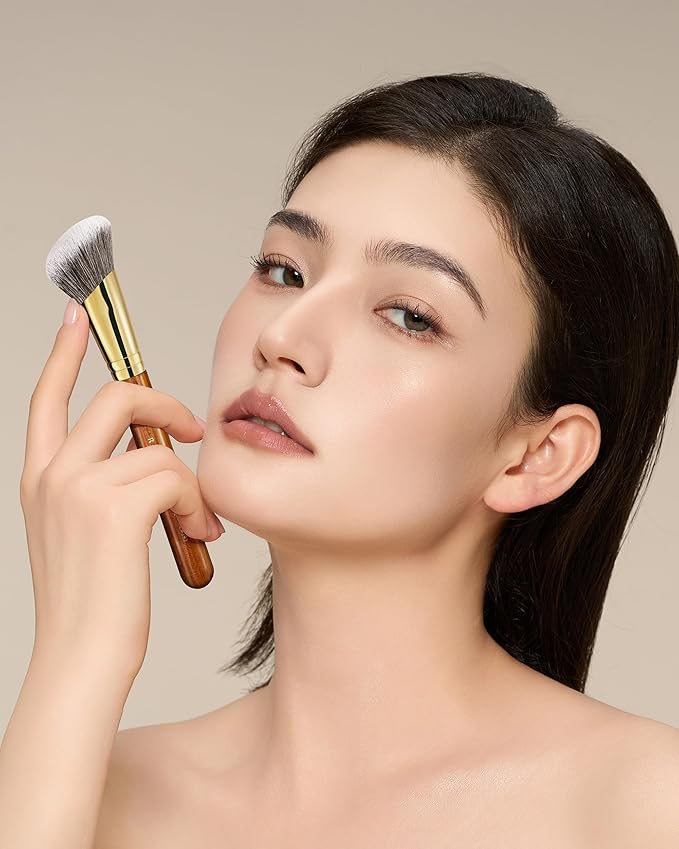 Desert Oak Series SlopeBlur Stipple Brush - Angled Nylon Bristles for Seamless Cream/Liquid/Powder Blending, Contour & Blush Application, Bubinga Handle (CM 192)-GlimoraGlow