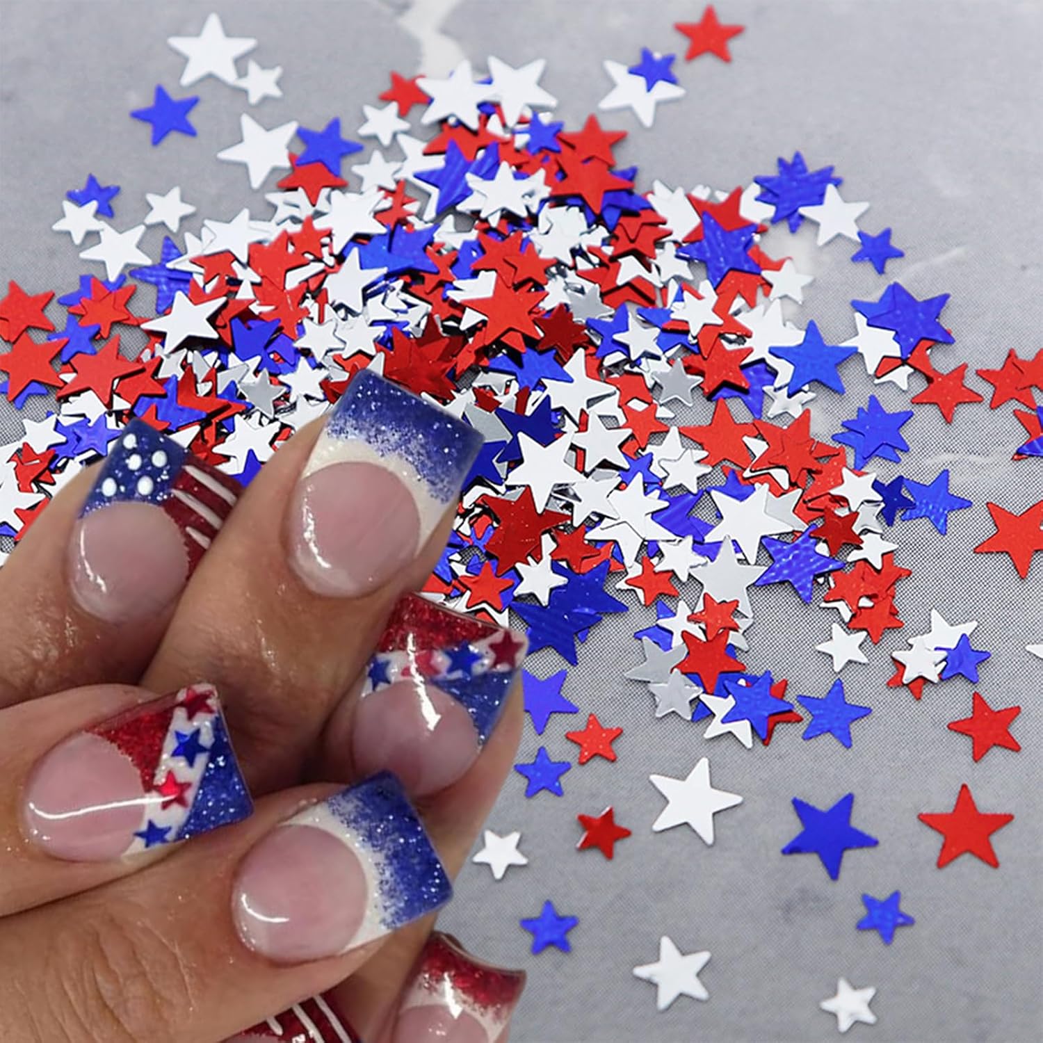 12 Grids Independence Day Nail Sequins，3D Holographic Nails Glitter Laser Star Nail Shining Flakes for Fourth of July Five-Pointed Star Mixed Sequins for America Patriotic Face Makeup Nail Decoration-GlimoraGlow