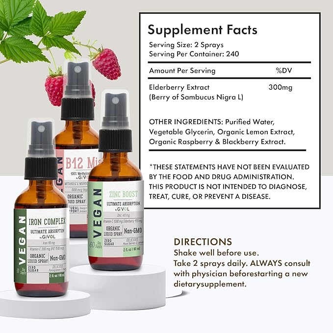 Iron Support Spray Bundle Liquid Vitamin B12 Methylcobalamin, Zinc Picolinate, and Bisglycinate | Non-GMO, Gluten-Free, Sugar-Free Iron Supplement | 2 Fl Oz Each | 360 Days Supply-GlimoraGlow