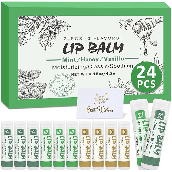 24 Pack Lip Balm Bulk, Vanilla Mint Honey, 100% Natural Lip Balm with Vitamin E and Coconut Oil, Moisturizing Lip Balm for Dry Lips-GlimoraGlow