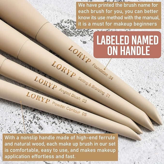 LORYP 18 Piece Makeup Brushes Set Labeled Face and Eye Brush Set Complete with Foundation, Concealer, Contour, Blending, Blush, Eyeshadow Brushes with Travel Holder Case-GlimoraGlow