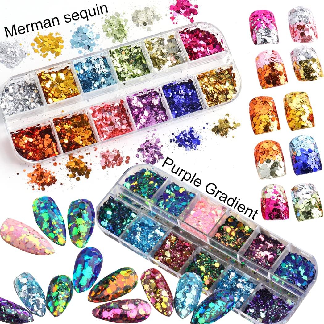 2 Boxes 24 Colors Chameleon Holographic Glitter Mermaid Nail Art Sequins 3D Flakes Laser Gradient Nail Glitter Design Shiny Glitters Powder Accessories for Women Manicure DIY Decorations-GlimoraGlow
