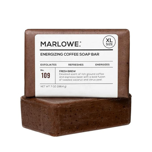 MARLOWE. No. 109 Coffee Bar Soap 7 oz, Body Scrub Soap for Men, Refreshing, Energizing & Exfoliating with Natural Extracts, Caffeine, Coffee Beans & Cocoa Butter, Fresh Brewed Scent-GlimoraGlow