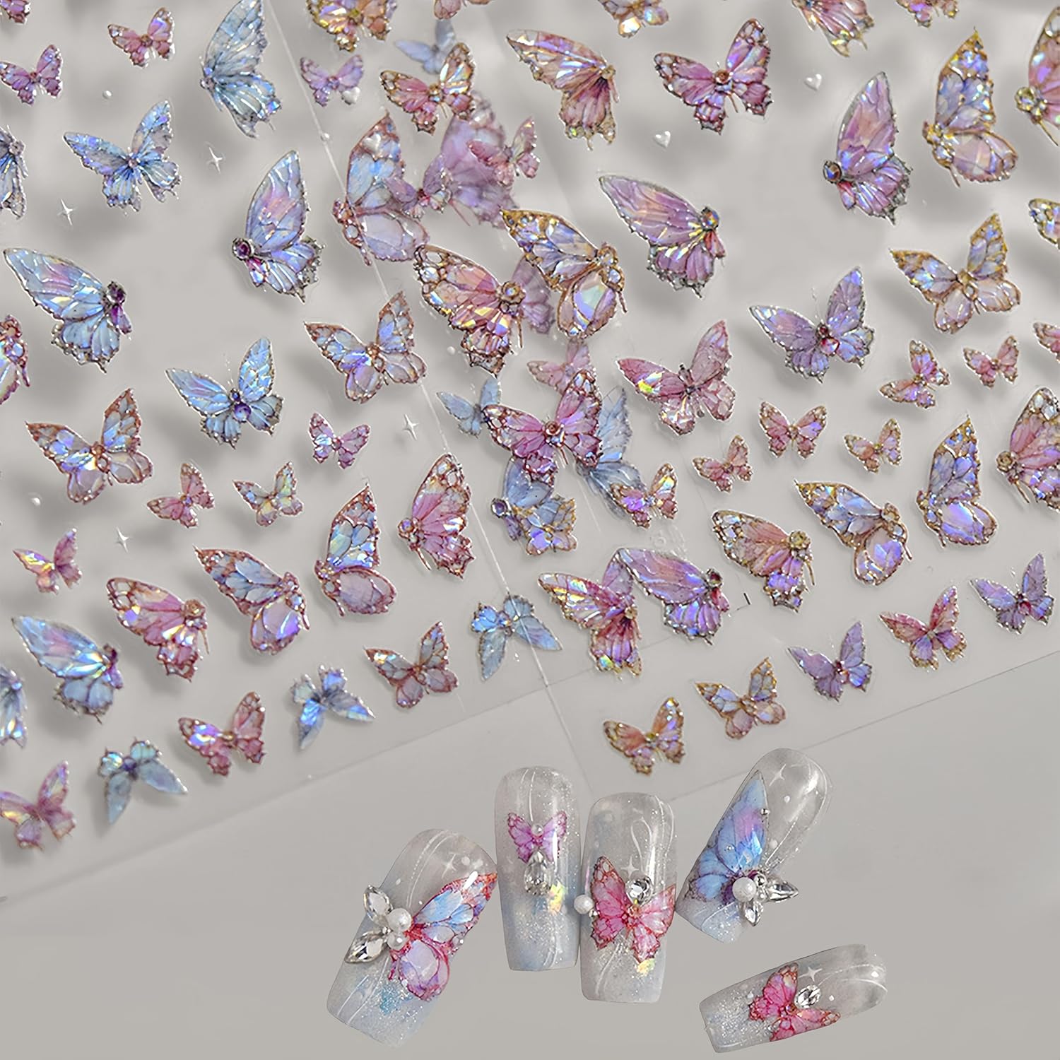 2 Sheets Butterfly Nail Art Stickers 5D Embossed Self-Adhesive Pink Aurora Sparkling Butterfly Nail Decals Designs for Women Girls DIY Nail Decoration-GlimoraGlow