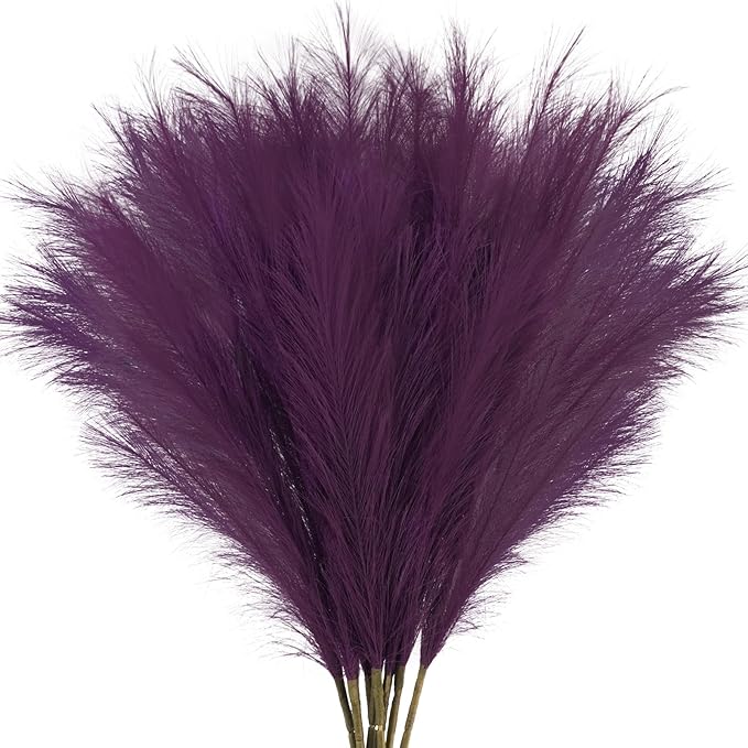 35" Faux Pampas Grass Decor, 8pcs Large Tall Fluffy Artificial Pompous Grass Branches Floral Fake Pompas Grass Bulrush Floor Vase Filler Flower Arrangement for Home Wedding Boho Decor, Purple