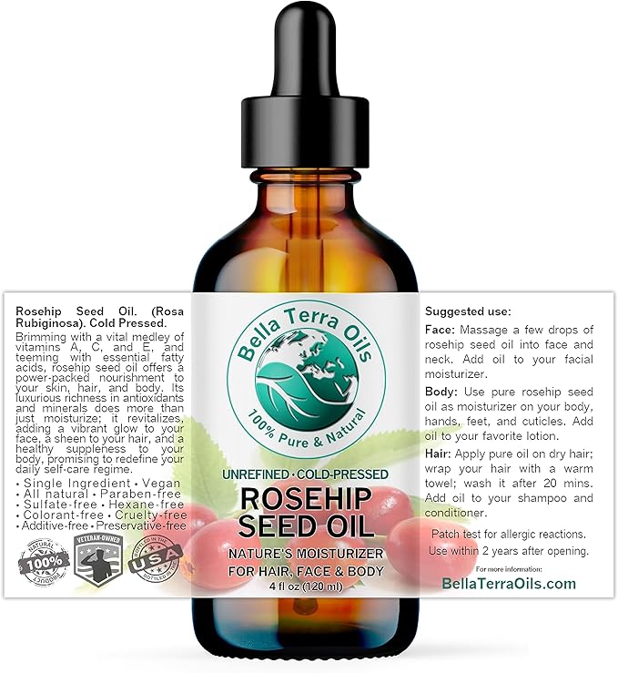 Bella Terra Oils - Organic Rosehip Oil 4 oz - Hailing from The Finest Rosa Mosqueta, Abundant in Omega-6 & Omega-3 Fatty Acids, Pure Radiance for Face-GlimoraGlow