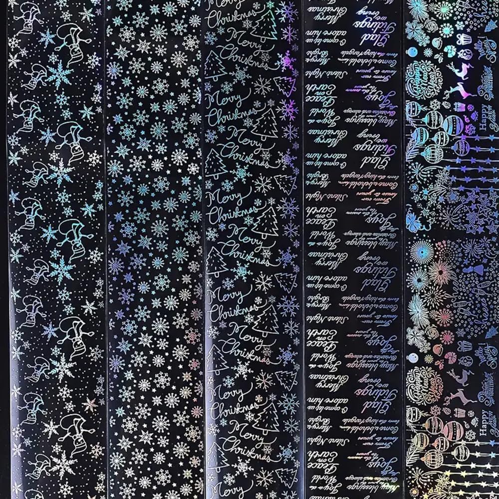 1Box 10 Rolls Laser Silvery Snowflake Nail Art Transfer Stickers 3D Christmas Tree Snowman ELK Starry Sky Paper Decals Rose Letter Gift Manicure Supplies Christmas Nail Foil Transfer Stickers Decals-GlimoraGlow