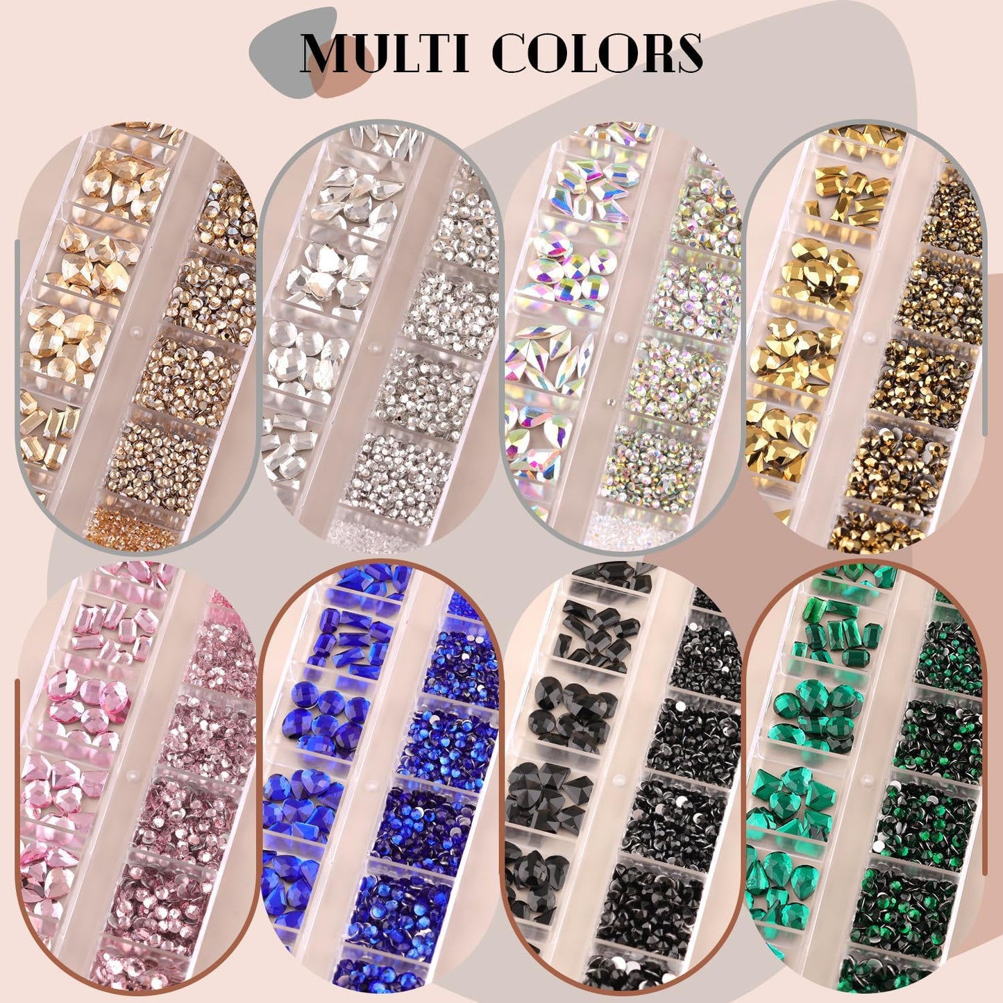 2060Pcs Champagne Gold Glass Nail Rhinestones 60Pcs Multi Shapes Flatback Nail Gems + 2000Pcs 1.5-4mm Round Crystal, Manicure Nail Charms Diamond Gemstone for Acrylic Nails Decoration-GlimoraGlow